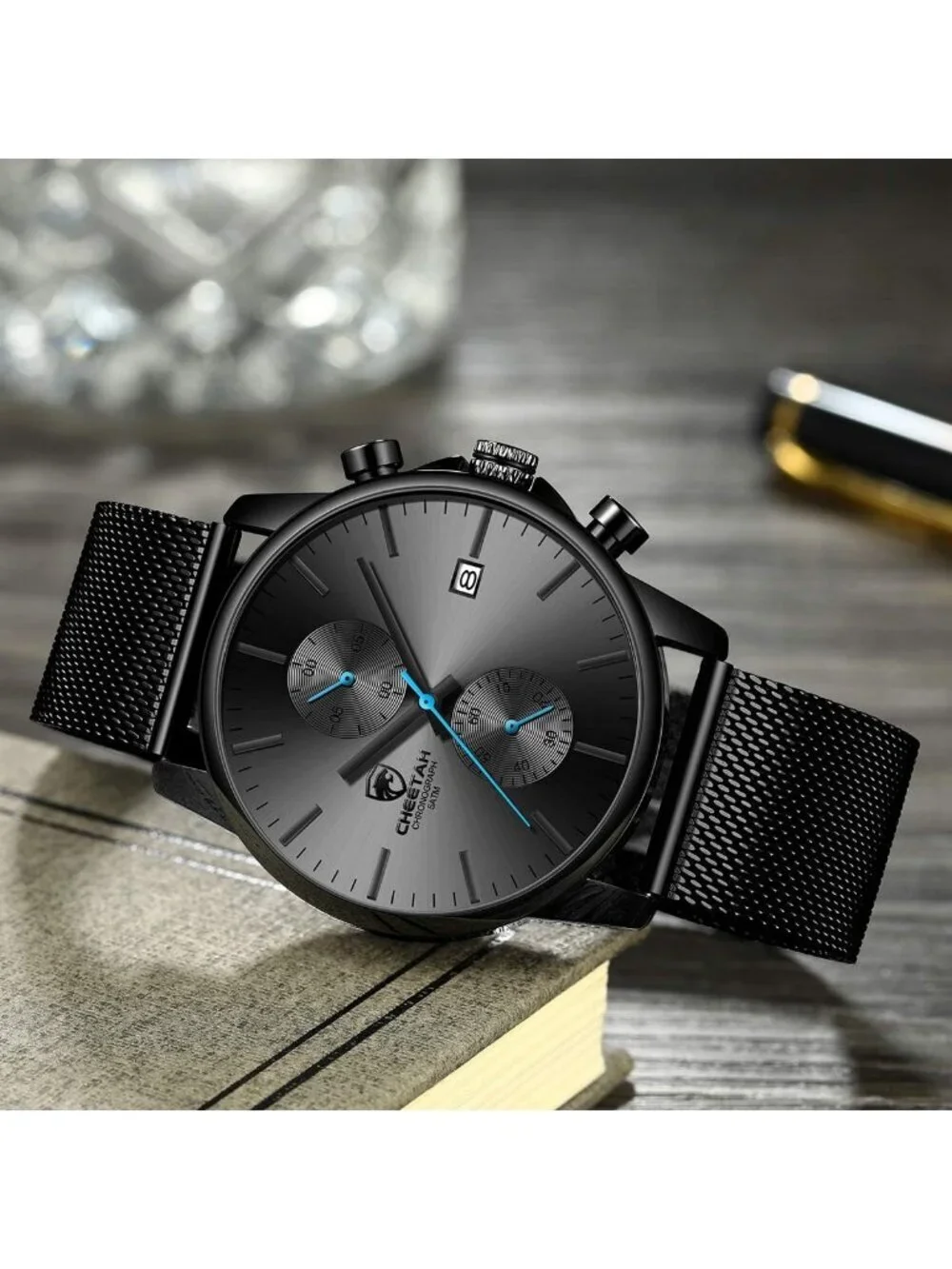 Mens Black Blue Quartz Analog Mesh Strap Stainless Steel Chronograph Round Watch